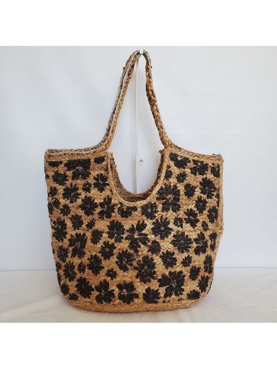 UNKNOWN Handbags - TOTE BAG BRAIDED ROPE TWIN VACATION CRUISE BEACH TAN BLACK FLOWERS WOMENS (OS)